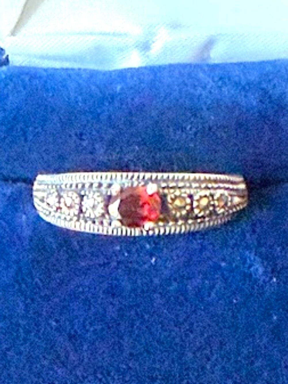 Vintage Sterling Silver Garnet & Marcasite Millgrain Band Ring Large SZ 9.75